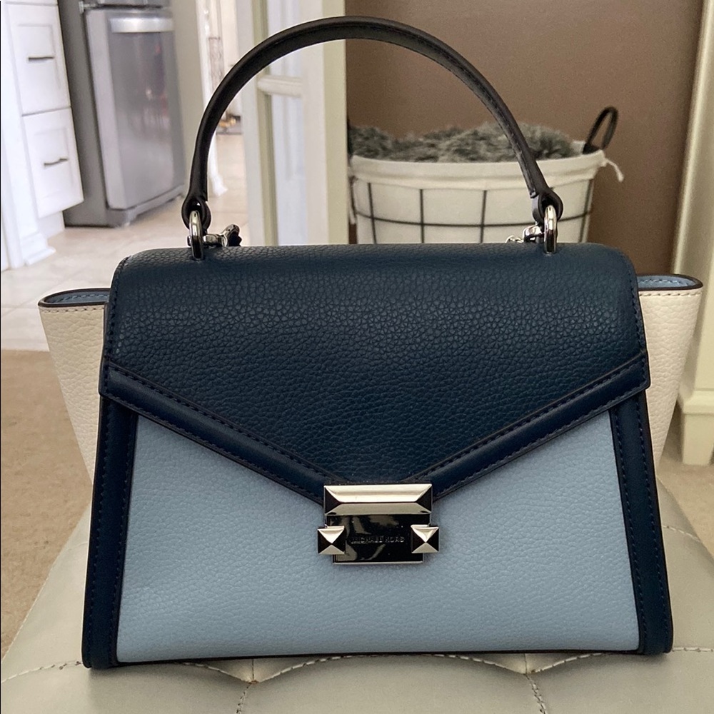 Michael Kors Whitney Satchel in Navy Blue Multi with Crossbody strap.